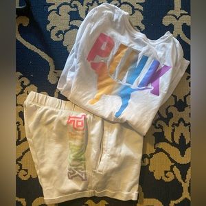 PINK rainbow set shirt is XL shorts L